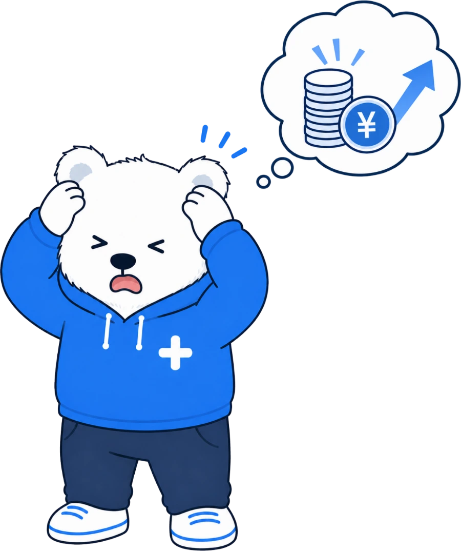 月謝の決済手数料や利用料が上がっていくのを見て頭を抱える、のびしろ＋のクマのイラスト